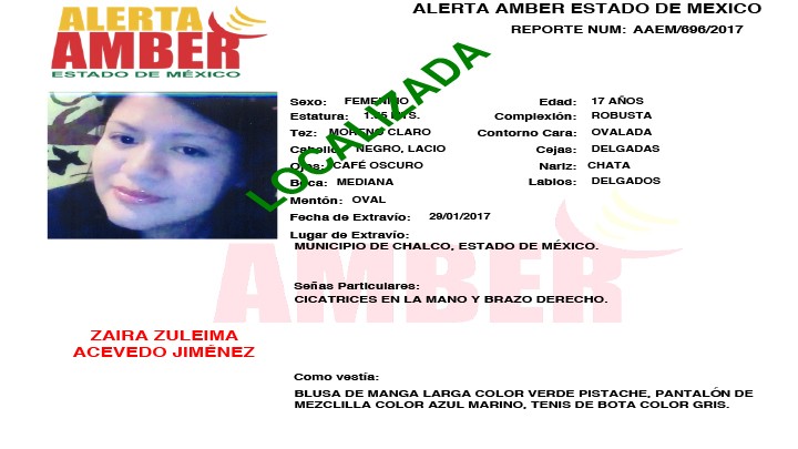 INFORMAN LOCALIZACIÓN DE UNA JOVEN REPORTADA COMO DESAPARECIDA EN CHALCO