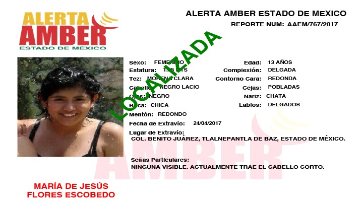 INFORMAN LOCALIZACIÓN DE MENOR DESAPARECIDA EN TLALNEPANTLA