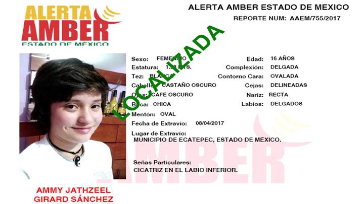 INFORMAN LA LOCALIZACIÓN DE UNA ADOLESCENTE REPORTADA COMO DESAPARECIDA EN EL EDOMÉX