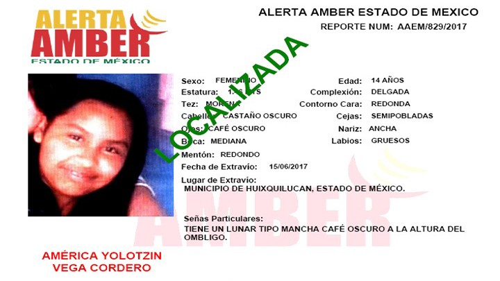 INFORMAN LOCALIZACIÓN DE MENOR DESAPARECIDA EN EL EDOMEX