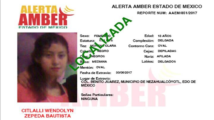 INFORMAN LOCALIZACIÓN DE MENOR DESAPARECIDA EN EL EDOMEX