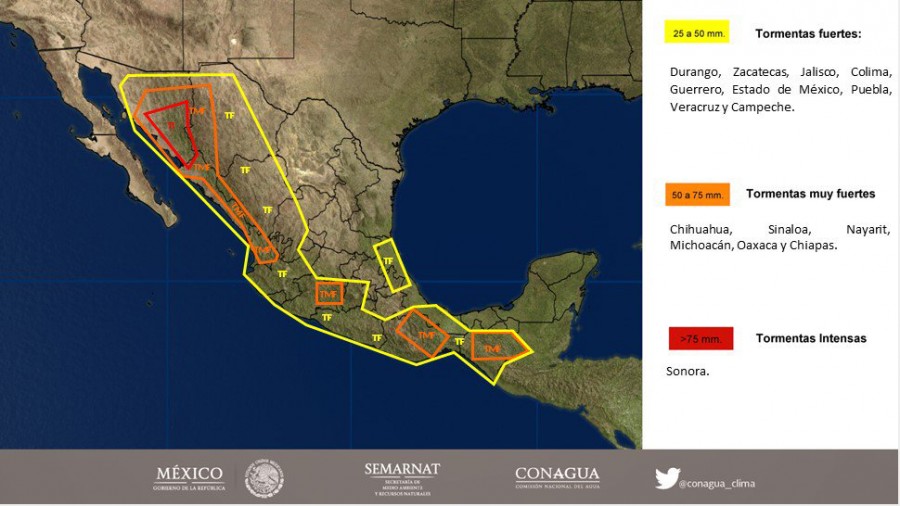 Prevén tormentas en Chiapas, Guerrero y Oaxaca