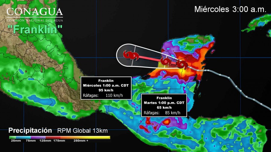 FRANKLIN, SOBRE LA PENÍNSULA DE YUCATÁN, ORIGINARÁ LLUVIAS INTENSAS A TORRENCIALES