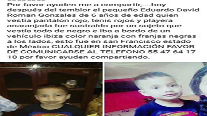 Niño extraviado después del sismo del martes en San Francisco, Ixtapaluca