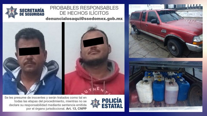 Aseguran camioneta con más de 300 litros de probable combustible; hay dos detenidos