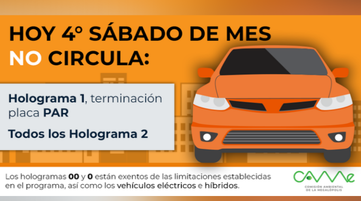 Para este 4to sábado #HoyNoCirculan vehículos con holograma 1 que tengan terminación de placa #PAR y todos los holograma 2.