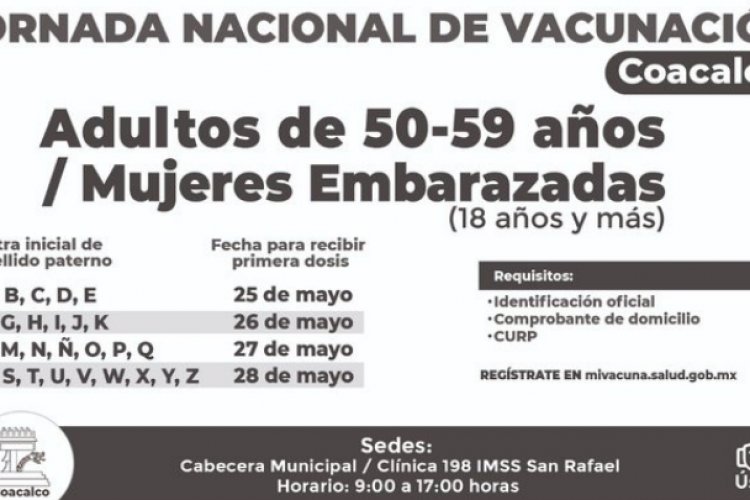 Preparan vacunación de personas de 50 a 59 años y embarazadas en Coacalco