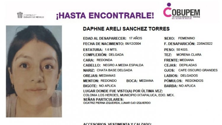 Buscan a Daphne Areli Sánchez Torres desaparecida en Ixtapaluca