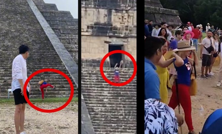 Mujer sube a pirámide de Chichen Itzá