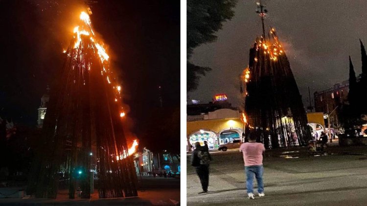 Se incendió árbol de navidad en Tlalnepantla, en el EDOMEX