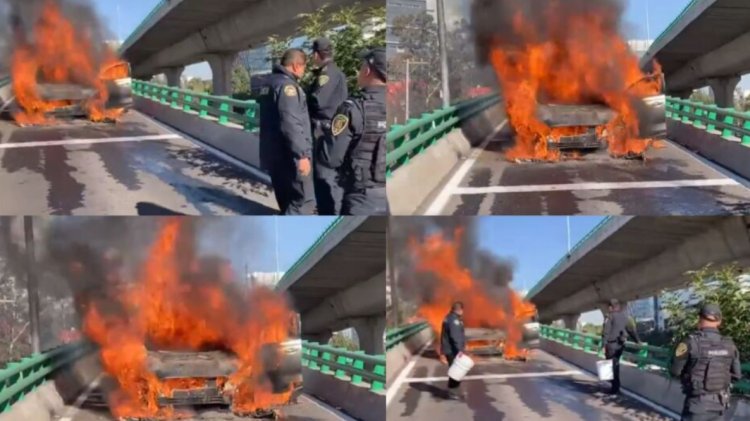 Se registró incendio de un auto en segundo piso del Periférico en CDMX