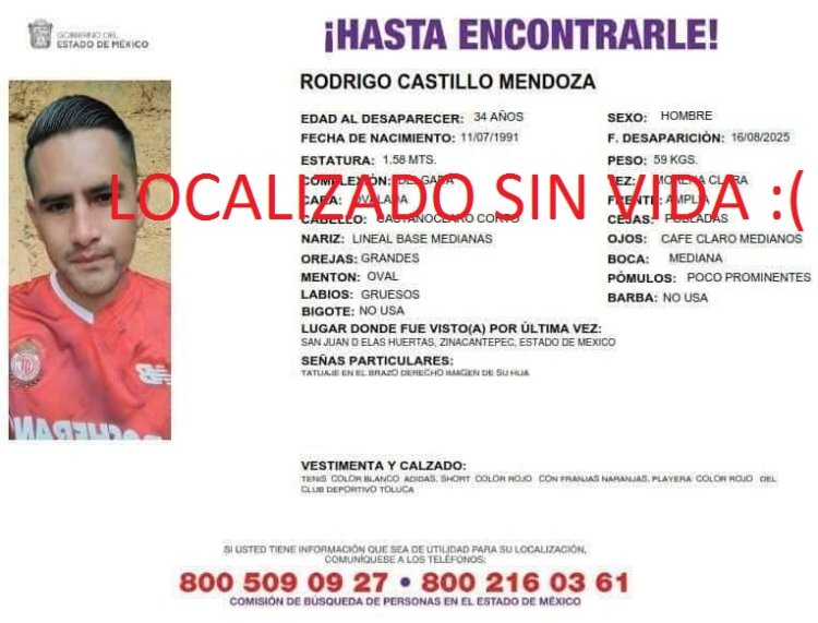 Encuentran sin vida a joven de Zinacantepec; falleció en accidente automovilístico