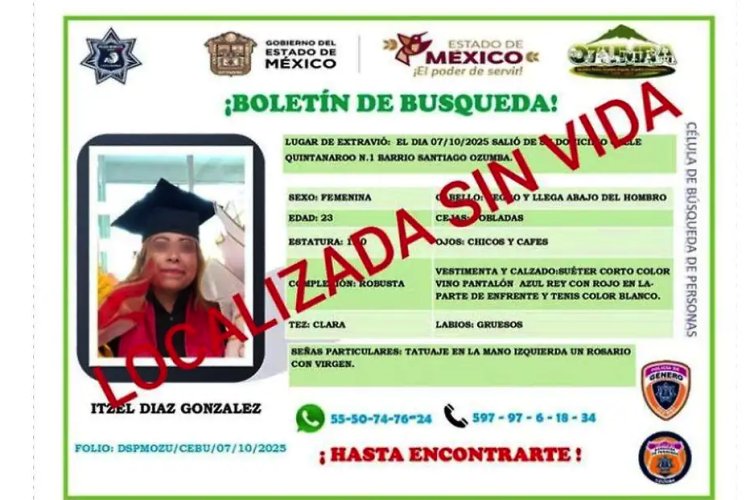 Encuentran sin vida a joven reportada como desaparecida en Ozumba, Edomex