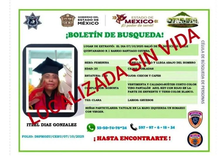 Encuentran sin vida a joven reportada como desaparecida en Ozumba, Edomex